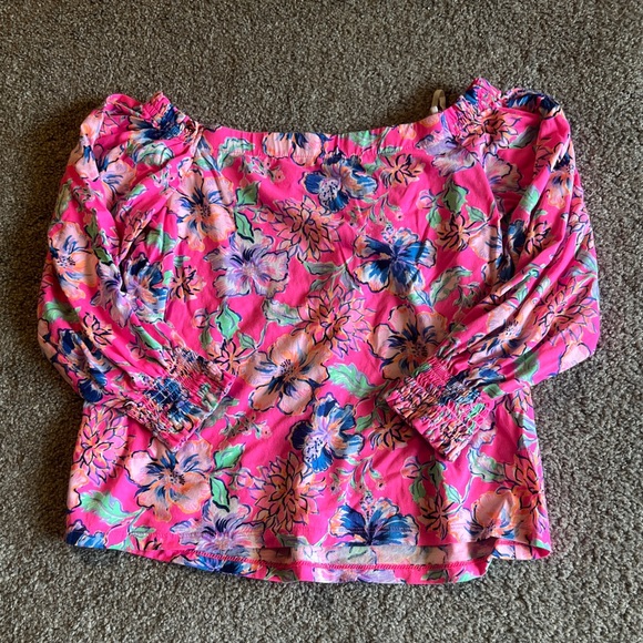 Lilly Pulitzer top womens small blue pink Lessa Off-The-Shoulder Top coastal - Picture 3 of 12